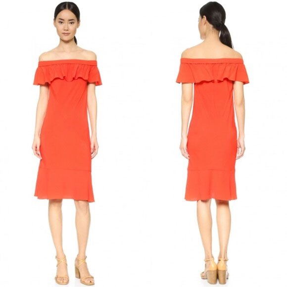 Veronica Beard Oleta Off Shoulder Ruffled Dress 8 Peplum Flare Red-Orange - Picture 1 of 9